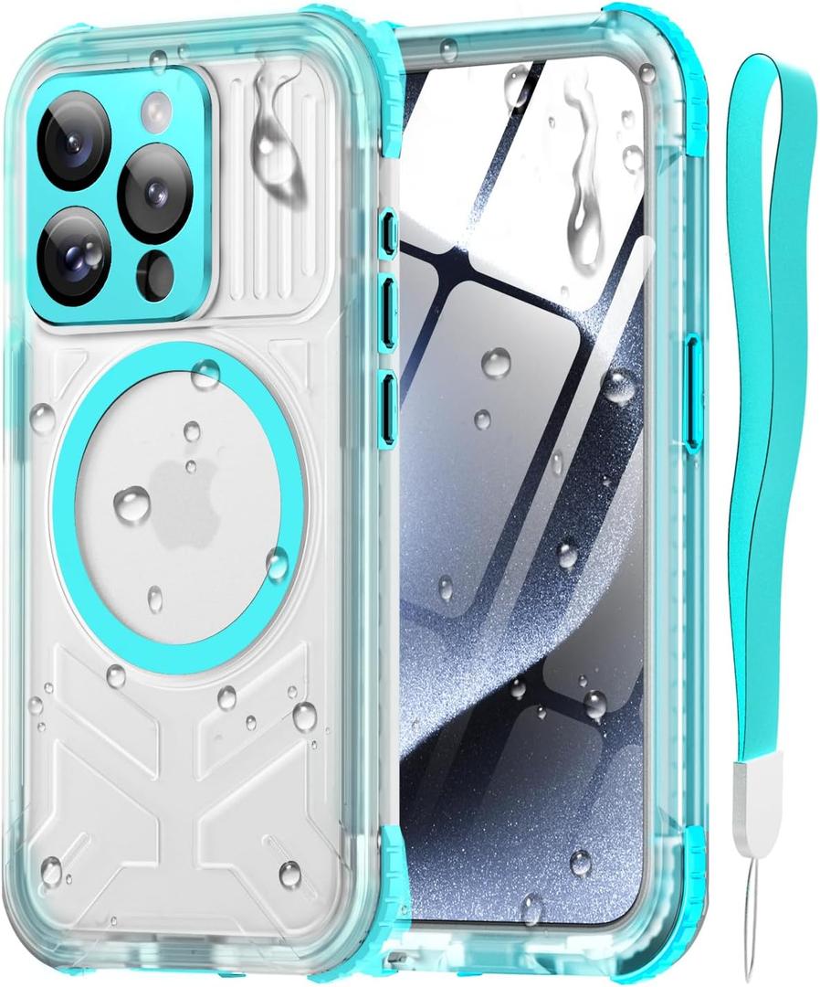 for iPhone 15 Pro Max Waterproof Case with Magsafe, Screen Protector, Lanyard, IP68 Military Full Body Shockproof, for Water Sports Outdoor Work, Funda para 15 Pro Max Impermeable, 6.7" Teal
