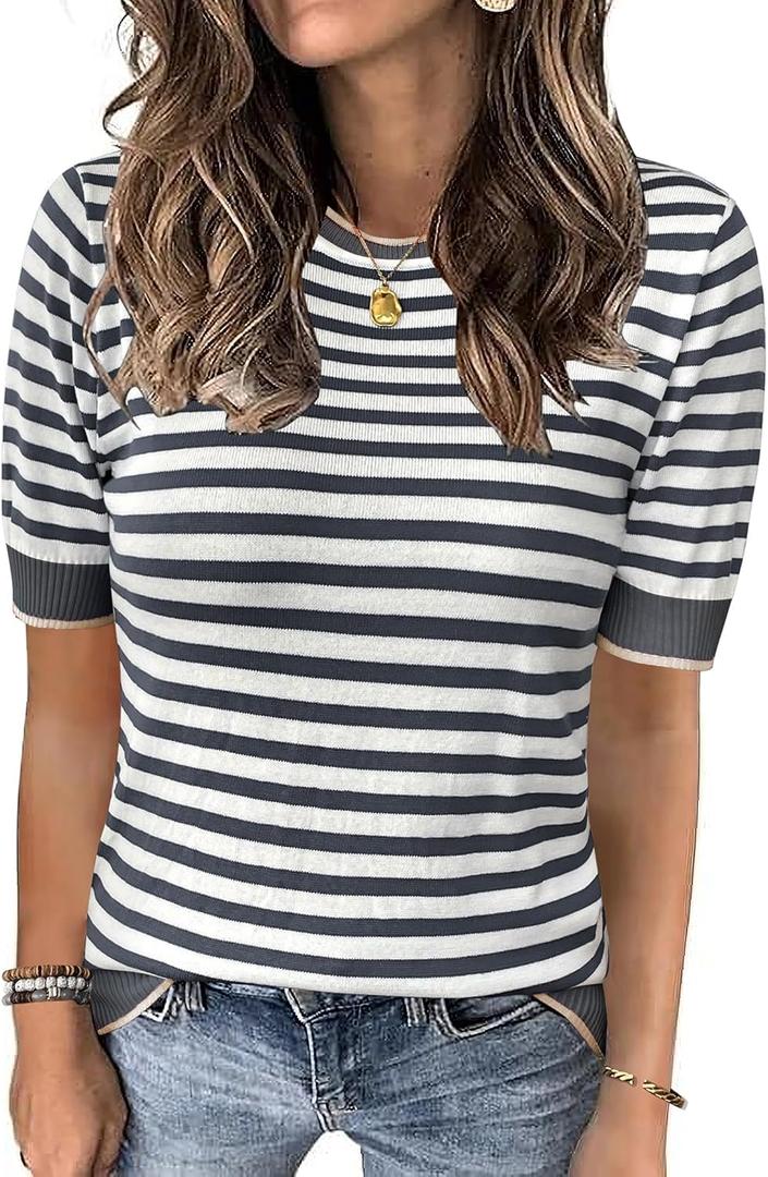 Womens Tops Summer Short Sleeve Shirts Striped Sweater Cute Casual Top Trendy Women Clothing Crewneck Knit Blouses (Gray, XL)