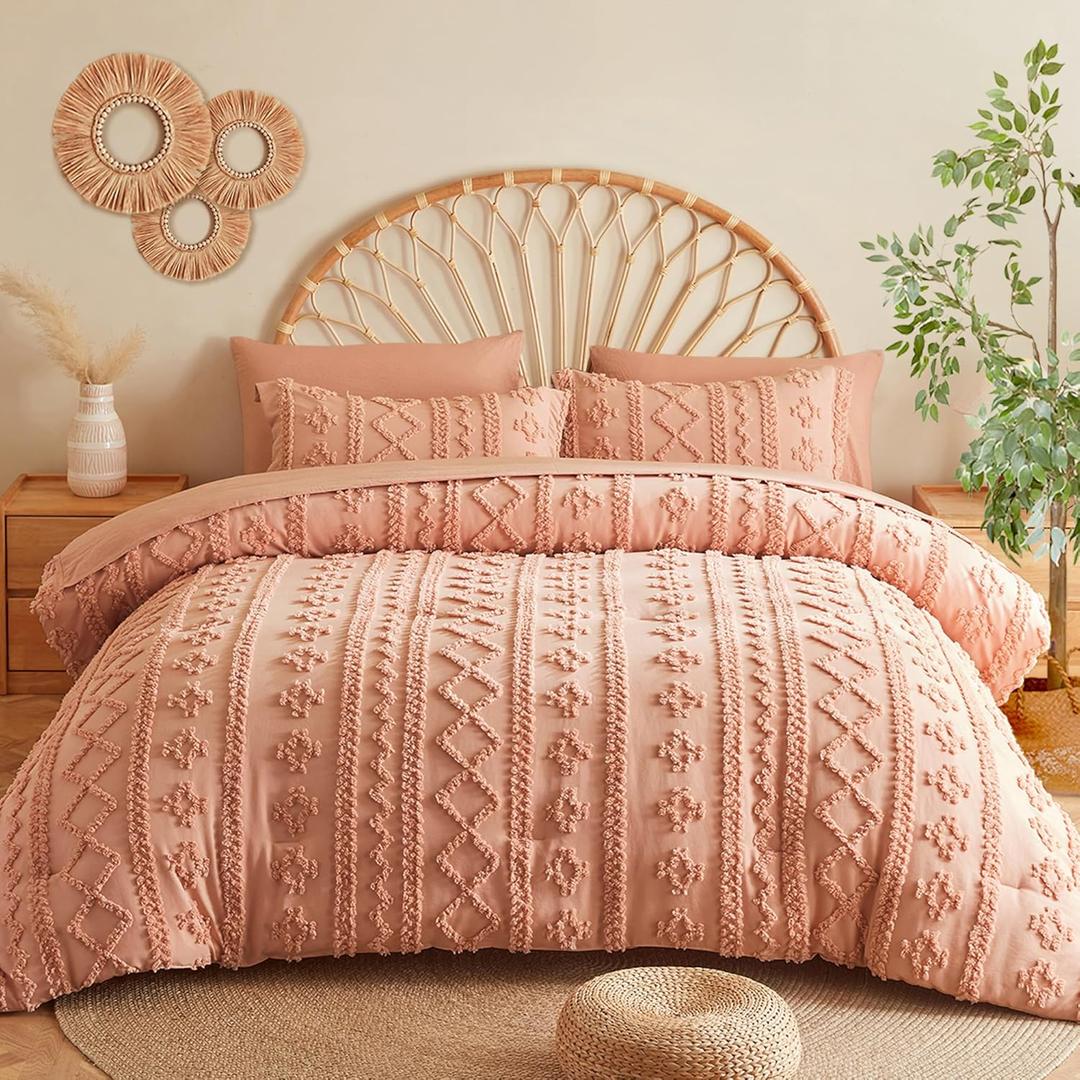 MR&HM King Size Comforter Set Coral Pink, 7 Pieces Tufted Boho Beddding Sets, Farmhouse Style Bed in a Bag with 1 Comforter, 2 Pillow Shams, 2 Pillowcases, 1 Flat Sheet, 1 Fitted Sheet for All Seasons
