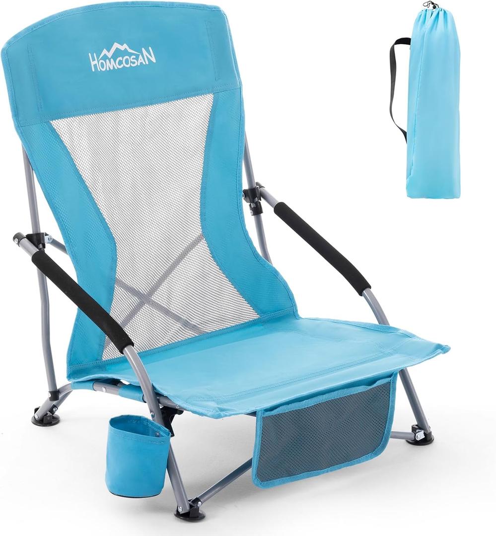 Homcosan Portable Low Folding Beach Chair - Lightweight Camping Chair for Adults with Cup Holder & Storage Pocket, Carry Bag Included (Blue), 1 Pack