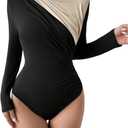 SweatyRocks Women's Bodysuit Mock Neck Casual Ruched Long Sleeve Jumpsuit (Solid Apricot Black)