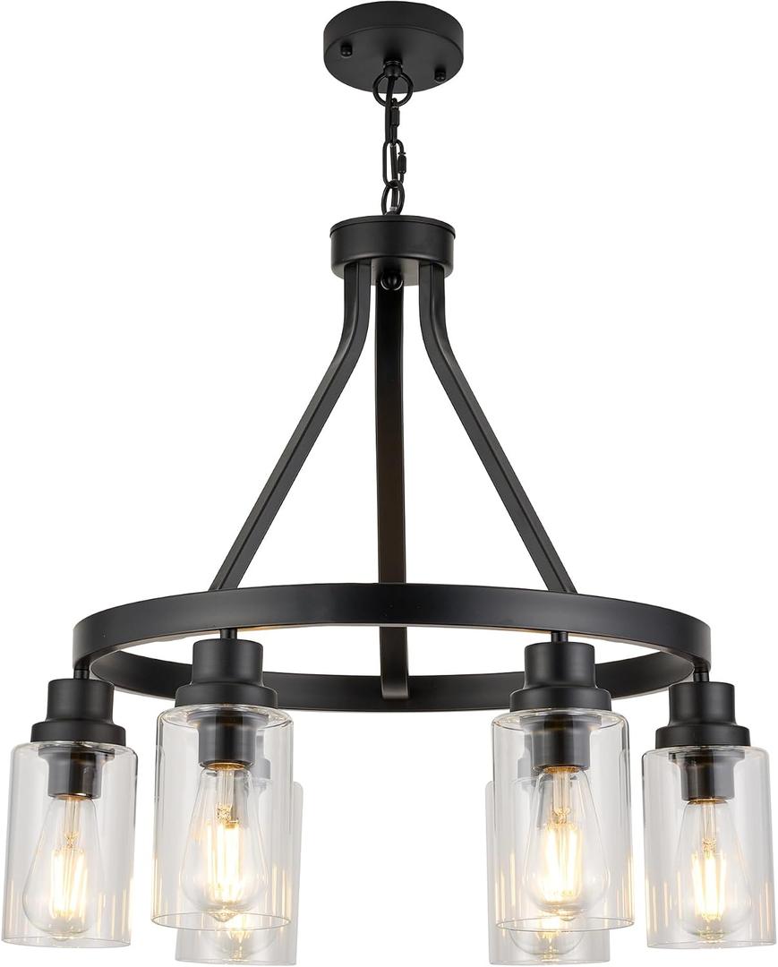 LIGOTFIRE 6-Light Farmhouse Chandelier Light Fixture Dining Room Lighting Fixtures Hanging Wagon Wheel Chandelier Kitchen Island Pendant Lights Modern Black Industrial Rustic Adjustable Height Metal