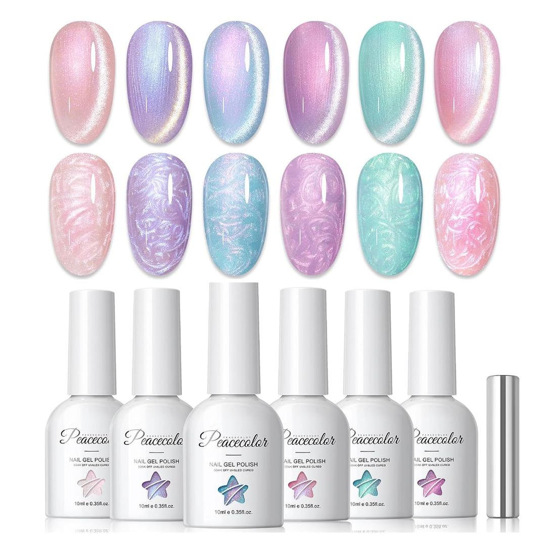 PEACECOLOR Cat Eye Gel Nail Polish Magnetic Shimmer Pearl Nail Polish with Magnet 6 Colors Spring Cateye Gel Polish Iridescent Chrome Mermaid Drawing Swirl Shell Thread Effect Gifts for Women