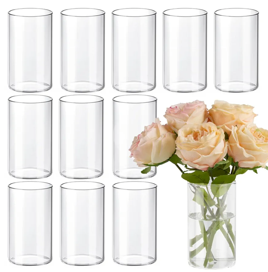 12pcs Glass Cylinder Vases for Centerpieces, 6 Inch Clear Flower Vases for Wedding Decorations and Indoor Home Decor, Hurricane Candle Holder for Table Shelf, Party. 12 Pack. 6 inch