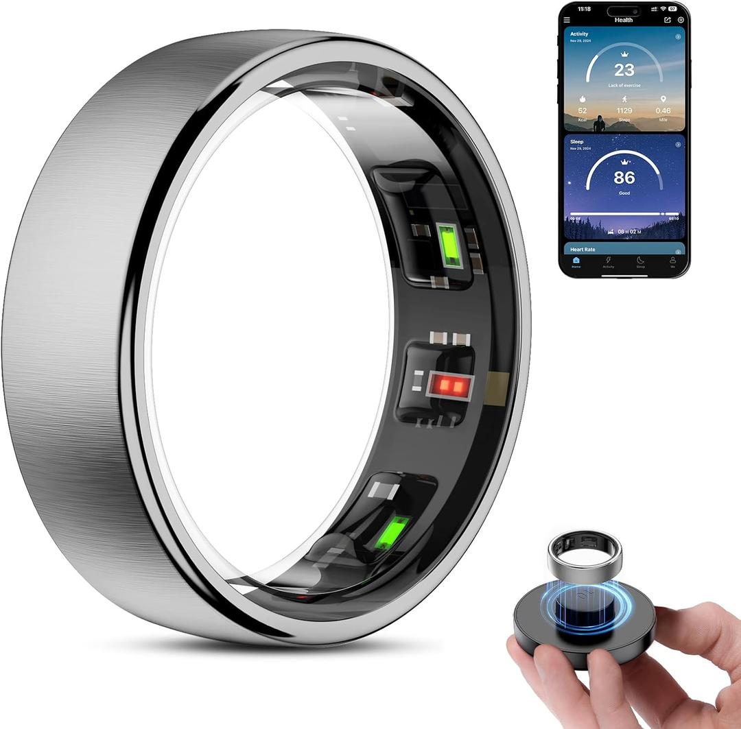 Smart Ring Health Tracker, Wireless Charging Case Fitness Ring, Brushed Stainless Steel Ring with Sleep and Exercise Tracking, Compatible with iOS and Android (Silver, 7)