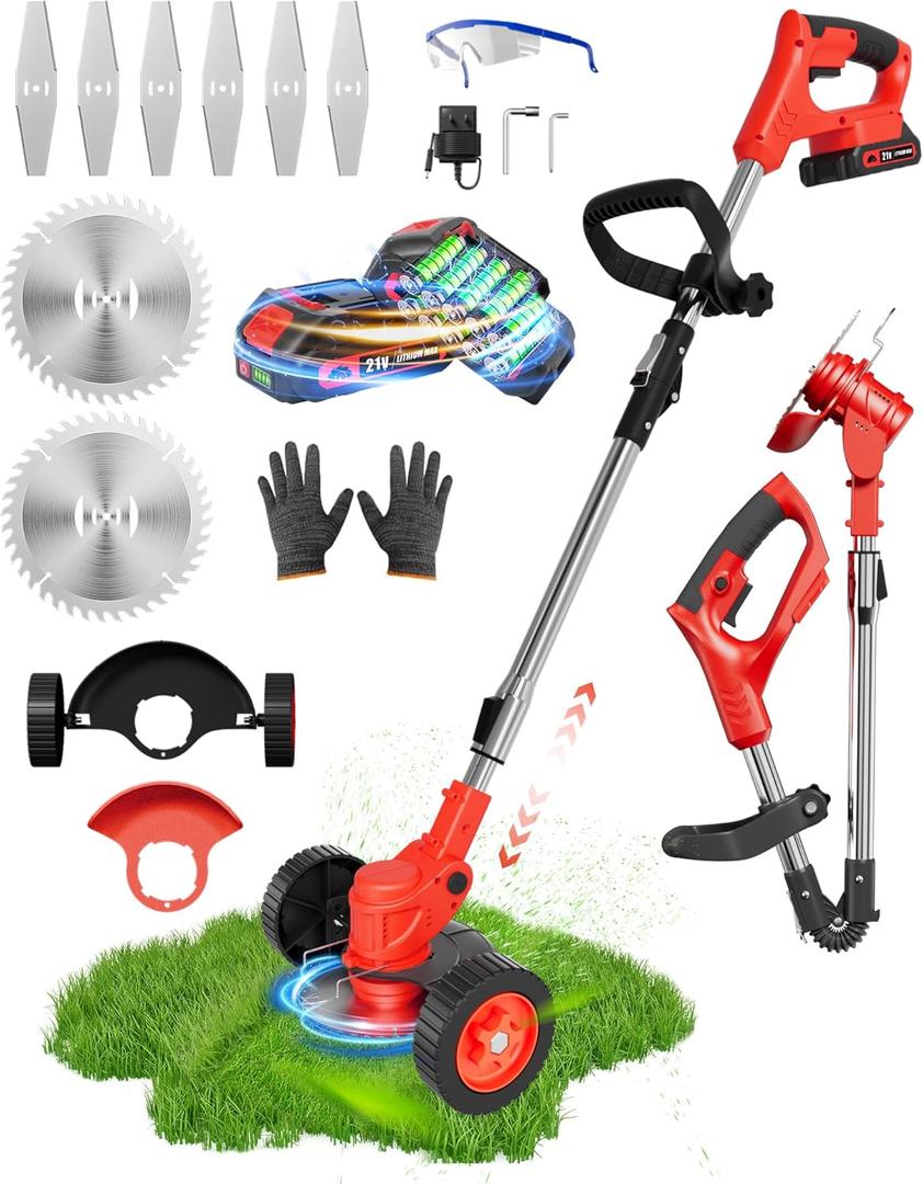 21V Cordless Weed Wacker Battery Operated, 2 X 2.0Ah Electric Weed Eater Battery Powered, 3-in-1 Lightweight Brush Cutter/Grass Trimmer//Lawn Mower with Removable Moving Wheels & 8 Blades