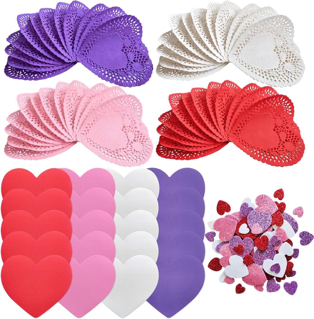mufanyu 200 Pcs Valentines Day Crafts Gifts Set with 100 Heart Doilies, 20 Foam Hearts, 2 Bags Valentine Foam Stickers, DIY Crafts Scrapbook Supplies, 4 Colors