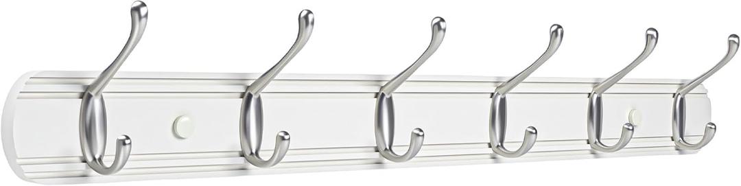 Coat Hooks Wall Mount, Wood Bamboo Wall Coat Rack with 6 Metal Hooks for Hanging Clothes, Towels, Keys, Bags(White&Brushed Nickel)
