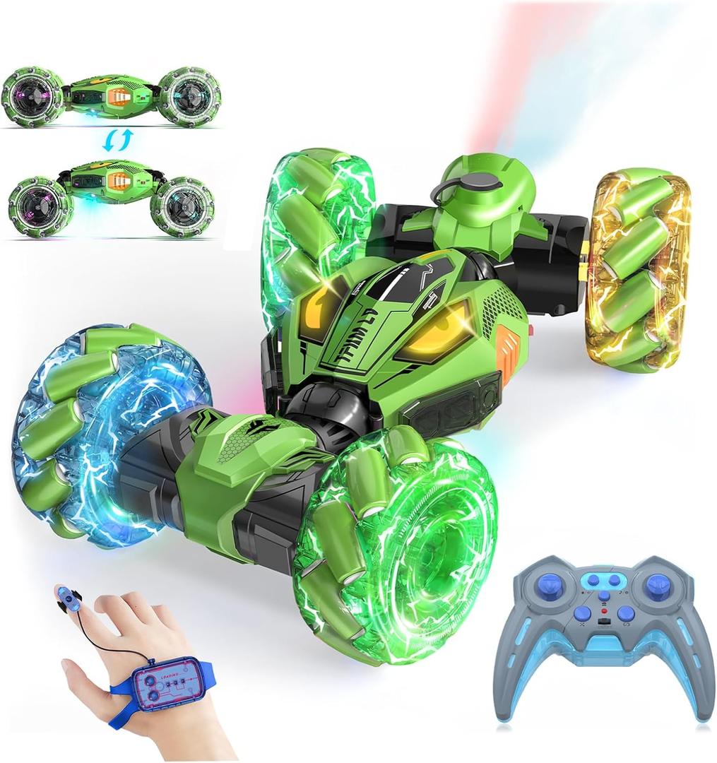 Gesture Sensing RC Stunt Cars - Toys for Boys Girls 6-12 | Best Gifts for Kids 6-12 Years Old | 4WD 360 Rotating Remote Control Transform Car | All-Terrain Off Road Vehicle with Lights Music Green