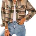 CFLONGE Women's Casual Jacket Coats Button Down Corduroy Cropped Shacket Plaid Long Sleeve Flannels Shirts for Women Jackets (X-Large, Khaki)
