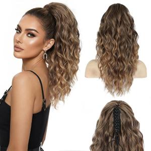 Claw Clip Ponytail Extension - 18 Inch Curly Ponytail Extension, Wavy Pony Tails Hair Extensions, Synthetic Hair Extensions Ponytail, Clip On Ponytails for Women (Color: Ash Blonde with Blonde Ends)