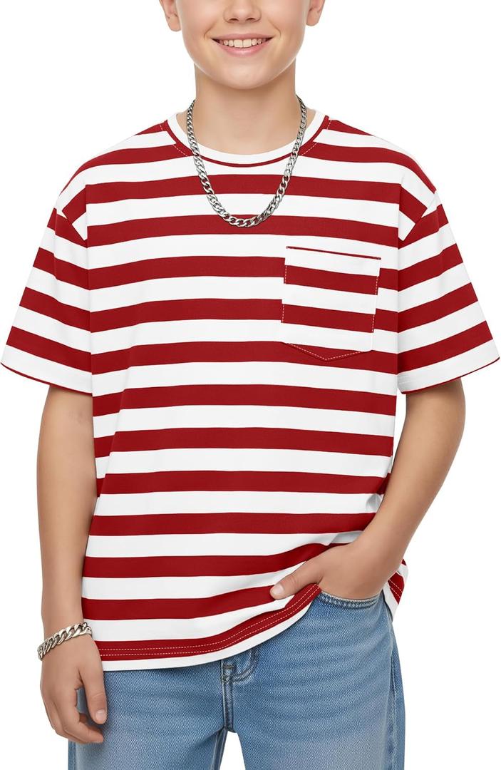 Boys Oversized Striped T-Shirt with Chest Pocket Short Sleeve Crew Neck Casual Summer Tee for Boys 5-14 (Red)