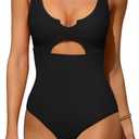 Charmo Ribbed One Piece Swimsuits for Women Cutout Scoop Neck Bathing Suit High Cut Padded Monokini (Medium, #1a Black)