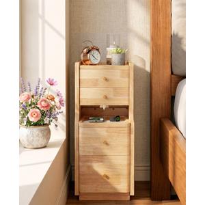 Narrow Nightstand with 4 Drawers, Solid Wood Narrow End Table, Modern Skinny Nightstand with 1 Semi-Open Shelf, Thin Couch Side End Table Night Stand with Drawers
