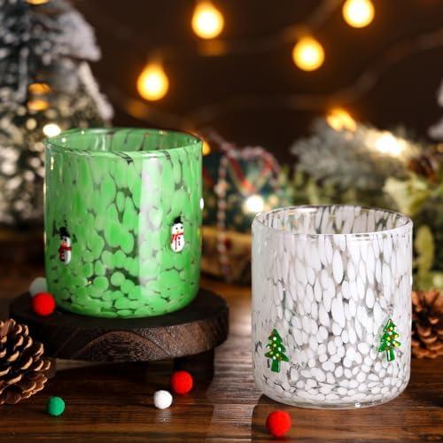 Booson 1 Pcs Christmas Glass Cups 16 oz Christmas Tree Icon Juice Glasses Double Old Fashioned Stemless Wine Coffee Cocktail Cups Drinking Glassware for Holiday Xmas Party Supplies Gift
