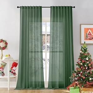 Novecozy Natural Linen Christmas Green Semi Sheer Curtains 84 Inch Long 2 Panels Set for Bedroom Living Room, Backtab Rod Pocket Farmhouse Boho Linen Textured Light Filtering Window Drapes, Olive Green