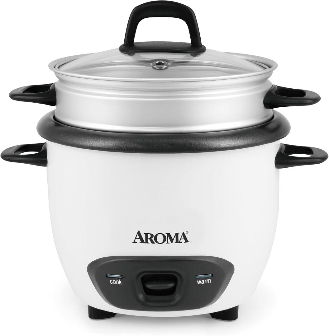 AROMA Rice Cooker, 3-Cup (Uncooked) / 6-Cup (Cooked), Steamer, Small Rice Cooker, Oatmeal Cooker, Soup Maker, Auto Keep Warm, 1.5 Qt, White, ARC-743-1NG