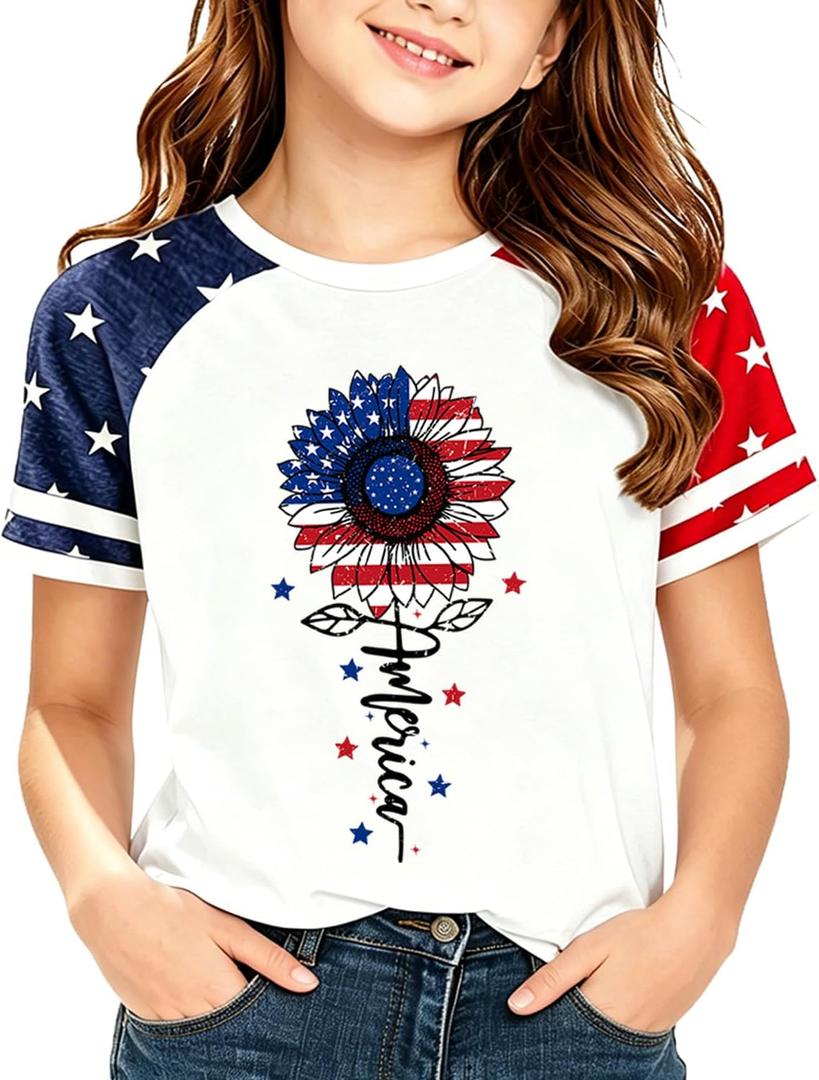 Kids Patriotic T-Shirt for Girls 4th of July Outfit American Flag Sunflower Shirt Kids Independence Day Clothes Size 8T