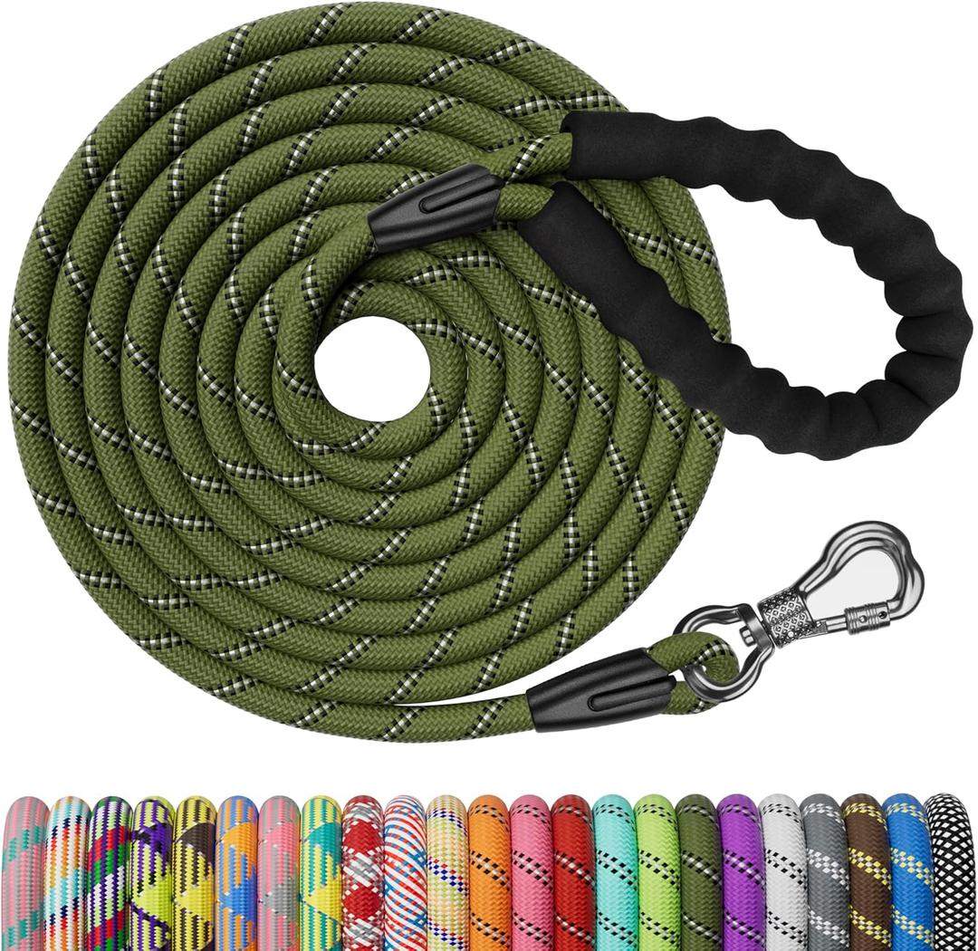 NTR 100FT Leash for Large Breed Dog, Long Leash with Swivel Lockable Hook, Padded Handle and Highly Reflective Thread, Pet Lead for Walking, Hunting,Camping, Backyard for Small Medium Large Dog (100ft*3/8", Olive)