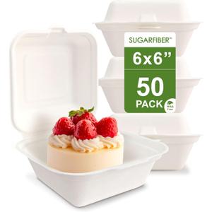 [50 COUNT]Harvest Pack 6 X 6 inch White Compostable Food Hinged Container, Disposable Square Single Compartment Clamshell Takeout to go Box, Eco-Friendly Bagasse Sugarcane, No PFAS Added, New Version