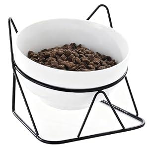 Elevated Cat Food Bowl, Ceramic Raised Water Bowl for Indoor Cats, 15°Tilted Metal Stand Anti Vomiting and Protect Spines, Whisker Fatigue Feeding Dishes, Non-slip and Dishwasher Safe