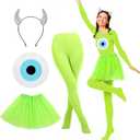 4 Pcs Halloween Bright Green Large Single Eye Monsters Costume Accessories Set Including Devil Horn Headband Stocking Pantyhose Green Tutu Skirt Eye Transfer Sticker for Women Halloween Cosplay Party