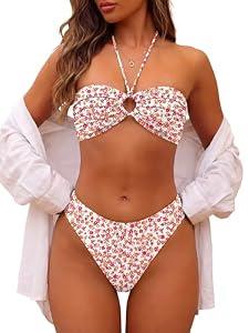 ANRABESS Bikini Sets for Women Bandeau O Ring 2 Piece Swimsuit Floral Halter Tie Back Bathing Suit 2026 Summer Beach Swimwear Hot Pink Orange Floral Large