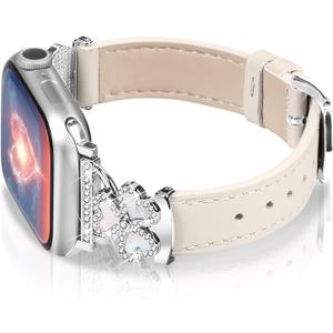 OULUCCI Leather Bands Compatible For Apple Watch Band 40/38/41/42/44/45/46mm Dressy Slim Leather Strap With Designer Three Hearts Design Buckle For Iwatch Series 11/9/8/7/6/5/4/3/2/1/SE/Ultra 2 (Starlight/Silver)