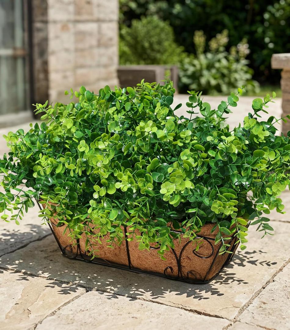 Artificial Faux Outdoor Plants for Spring Summer Decoration, 12 Bundles Fake Plastic Eucalyptus UV Resistant Look Real Fake Plants for Planter Outside Front Door Porch Patio Balcony Garden Indoor Yard