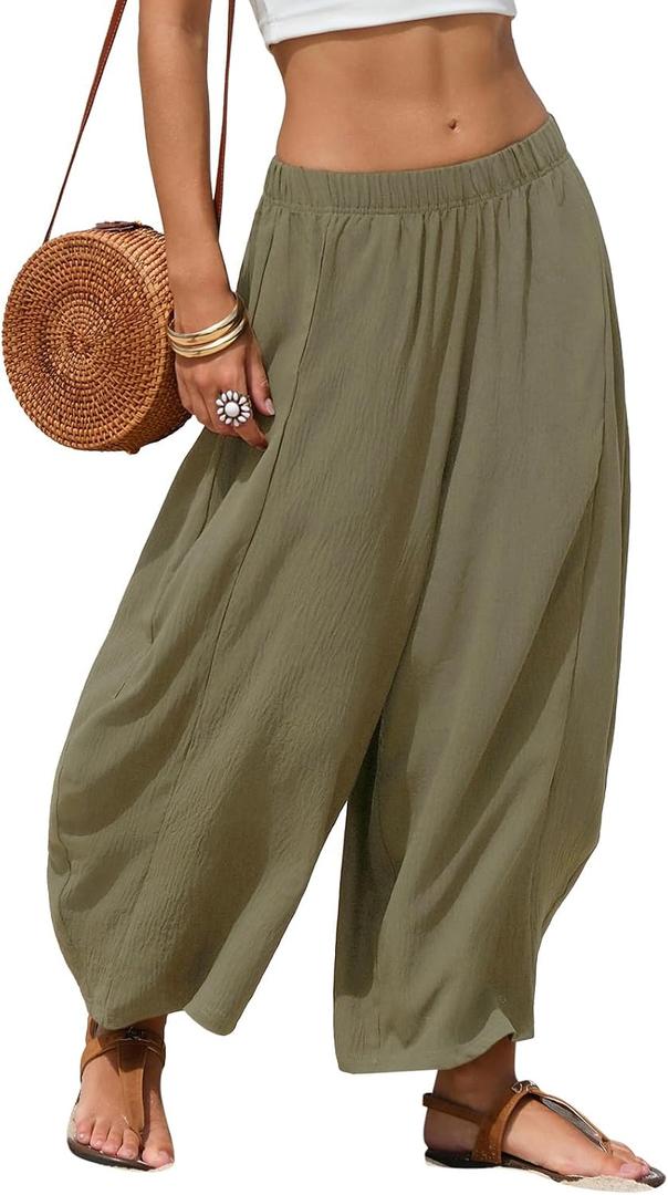 EXLURA Womens Faux Linen Wide Leg Boho Flowy Pants Summer Palazzo Casual Elastic Waist Baggy Trousers Beach Vacation Pockets (Green, XL)