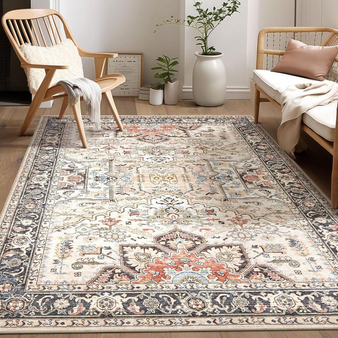 Area Rug for Living Room - 7x9 Soft Washable Oriental Vintage Floral Distressed Large Carpet - Fade Stain Resistant Non Slip Rugs for Bedroom Dining Room Nursery Dorm Office Home Decor - Multi