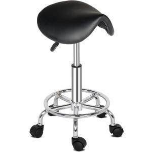 Modern Rolling Saddle Seat Stool Chair,PU Leather Swivel Adjustable Rolling Stools,Office Drafting Chairs,Ergonomic Rolling Saddle Salon Stool,with Wheels,for Home, Kitchen, Medical, Lab (Black)