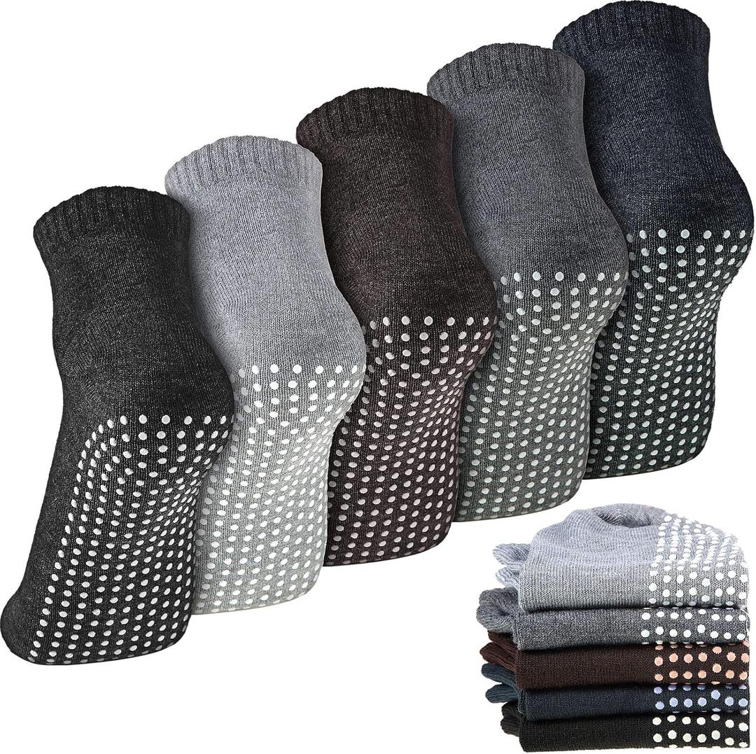 Geyoga 5 Pairs Non Slip Socks for Men Women Grip Socks with Cushion Unisex for Yoga Pilates Barre Home Workout (Black, Gray)