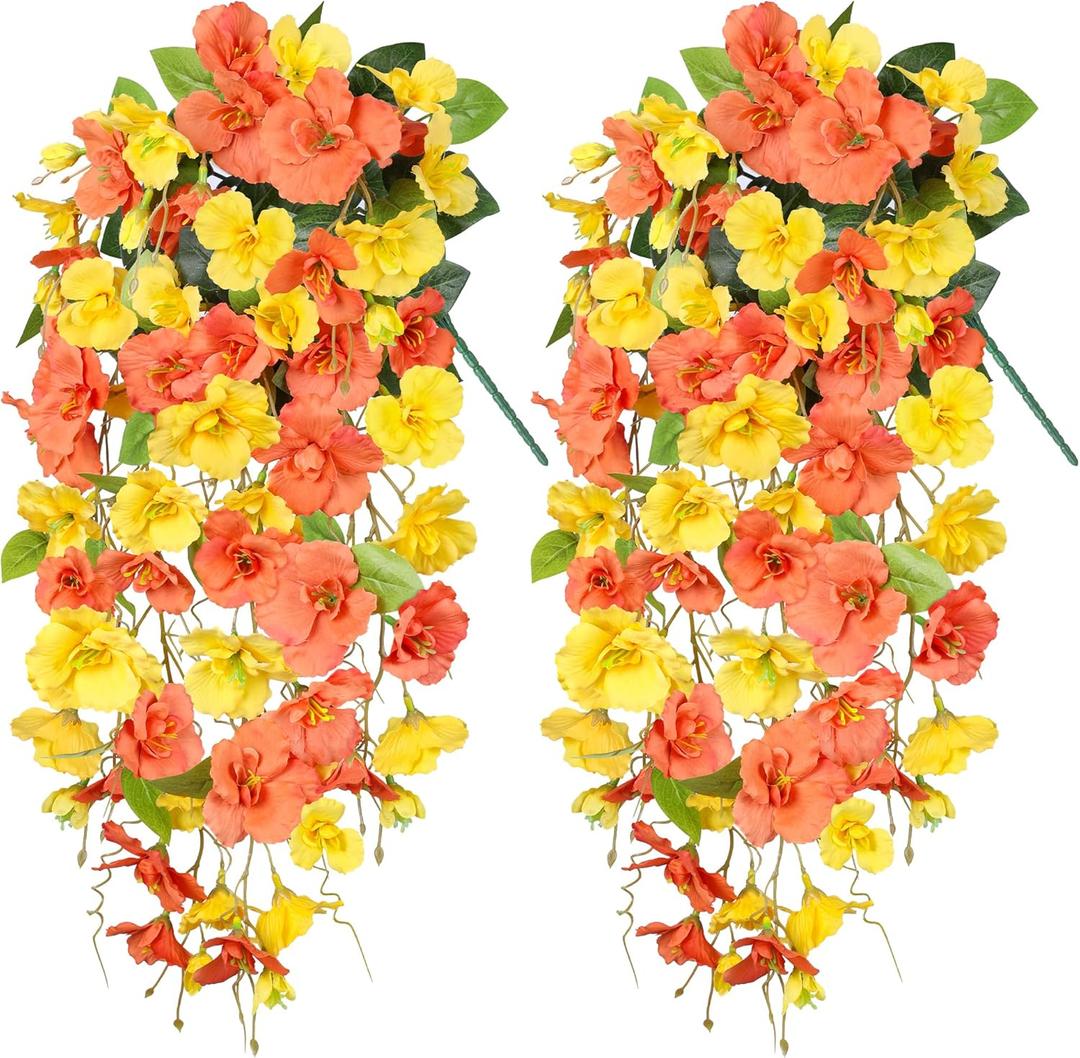 Artificial Hibiscus Fake Hanging Flowers Plants for Outdoors Fall Autumn Decoration, 2pcs Silk Hibiscus Trailing Vines UV Resistant Realistic Faux Flowers for Outside Front Door Porch Yard Indoor, Mix (Orange Yellow)