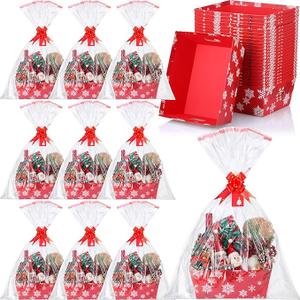 Cholemy Large Snowflake Gift Baskets Empty for Gifts to Fill 10 x 12 Inch Red Winter Cardboard Baskets with Transparent Bags Red Bows and Tags Sets for Winter Valentines Day Party Decorations(12 Set)