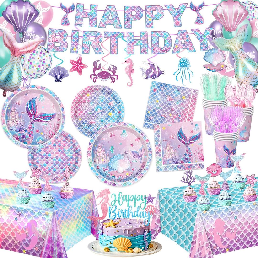 Mermaid Birthday Decorations Include Plates, Napkins, Cups, Cutlery, Hanging Swirls, Banner, Cake & Cupcake Toppers, Balloons, Tablecloth for Mermaid Party Decorations, Serve 20
