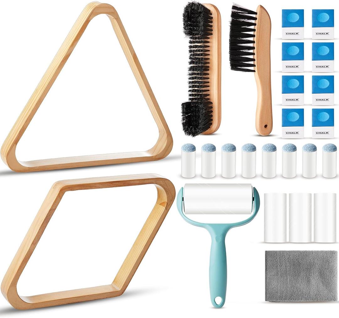 ShinyRelief 22 Set Pool Table Brush Set Wooden Billiard Rack 8 or 9 Ball Triangle Diamond for 2-1/4" Pool Ball with Polish Cloth Sticky Lint Roller Cue Chalk Cube Accessories