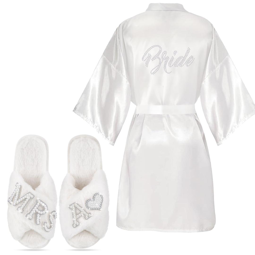 Mepase 2 Pcs Personalized Initial Bride Slippers and Bride Robe Mrs Slippers Bridal Robe Bridal Shower Gifts for Wedding Day(A,7-8)