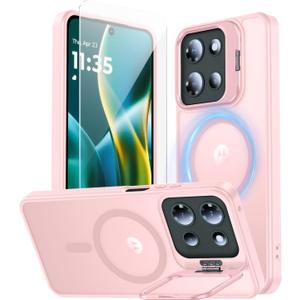 for Motorola Moto G 2025 Case, Fits MagSafe, with Built-in Camera Ring Stand & Sceen Protector, Slim Translucent Matte Military-Grade Drop Protection Magnetic Cover, Pink