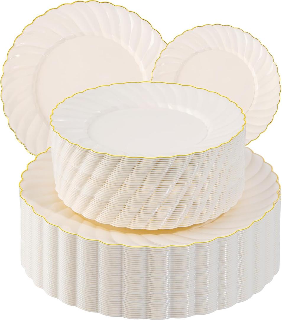 U-QE 100 Piece Ivory Scalloped Plastic Plates for Party with Gold Rim - Plastic Party Plates Disposable Heavy Duty - High End Disposable Plates Include 50pcs Dinner Plates 9"&50pcs Dessert Plates 6.5"