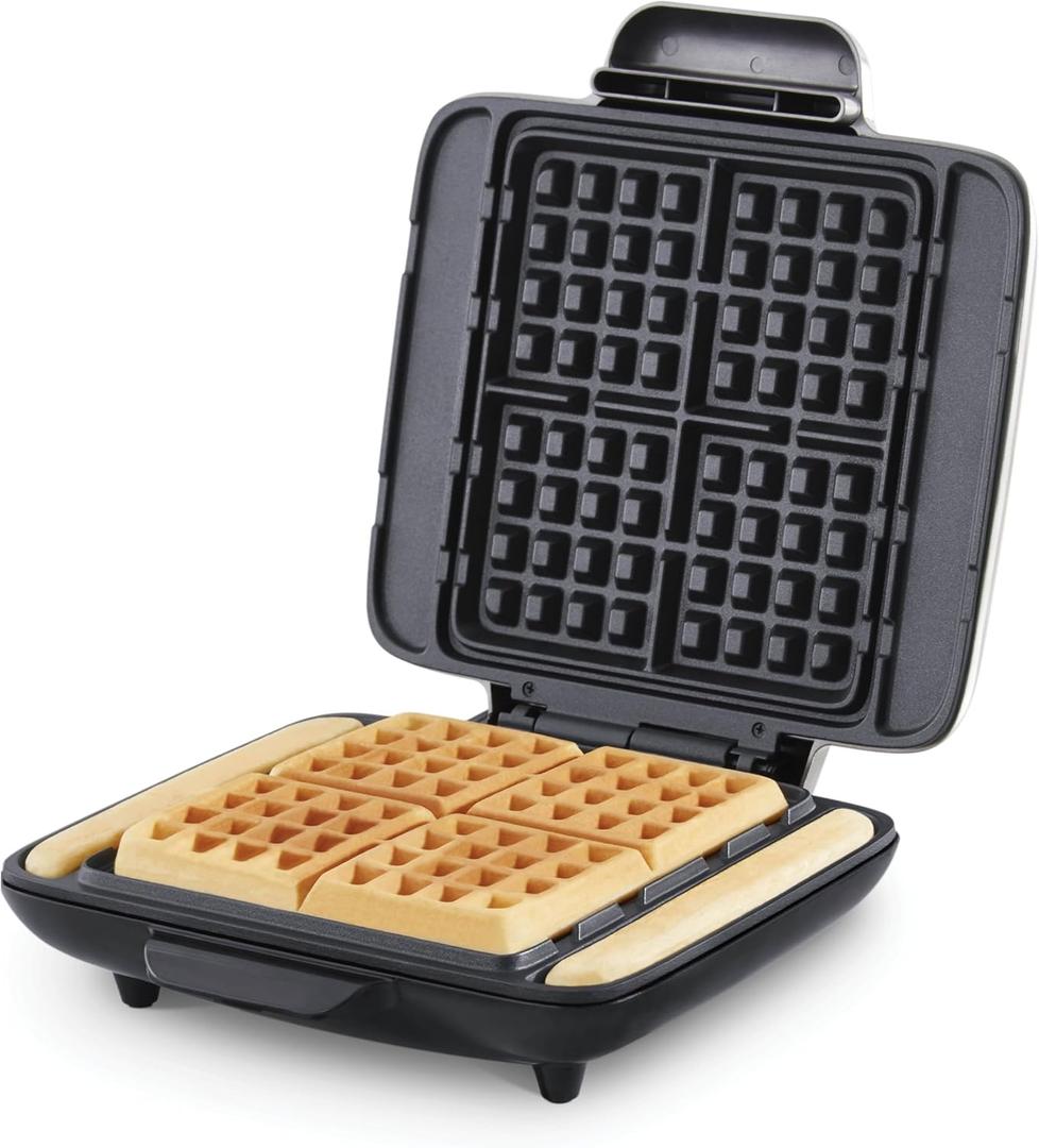 DASH No-Drip Waffle Maker - Four Waffle Molds, Nonstick Waffle Iron with Quick Heat-Up, Nonstick Surface - Perfect Waffle Maker for Kids and Families, Just Add Batter (1200W, Silver)