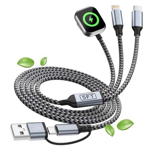 3 in 2 USB A/USB C Cable for Watch Charger, Multi Charging Cable iPhoe Charger Cord, Travel Charger for Multiple Devices Compatible with iWatch Ultra/SE/11-2, iPhone17-6, Pad, Android-5FT