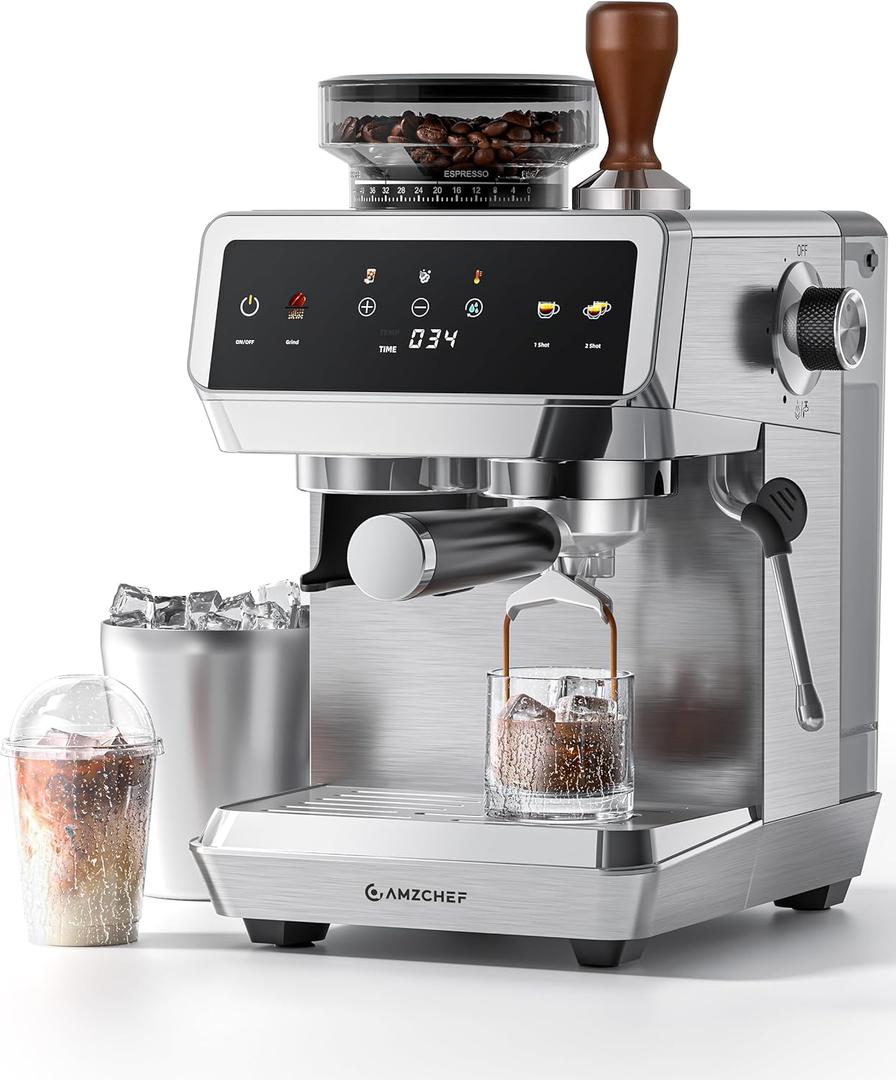 AMZCHEF Espresso Machine With Grinder, 190-201 Temp Control Coffee machine with 44 Grind Setting, Milk Frother, Touch Screen, Cold Brew, Sliver