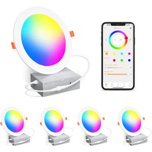Smart Recessed Lighting 4 Inch RGBCW Color Changing 12W LED Recessed Ceiling Light with Junction Box,2700 K-6000K,1080LM Canless Downlight Compatible with Alexa,Dimmable by Bluetooth Control (4 Pack) (White Shell)