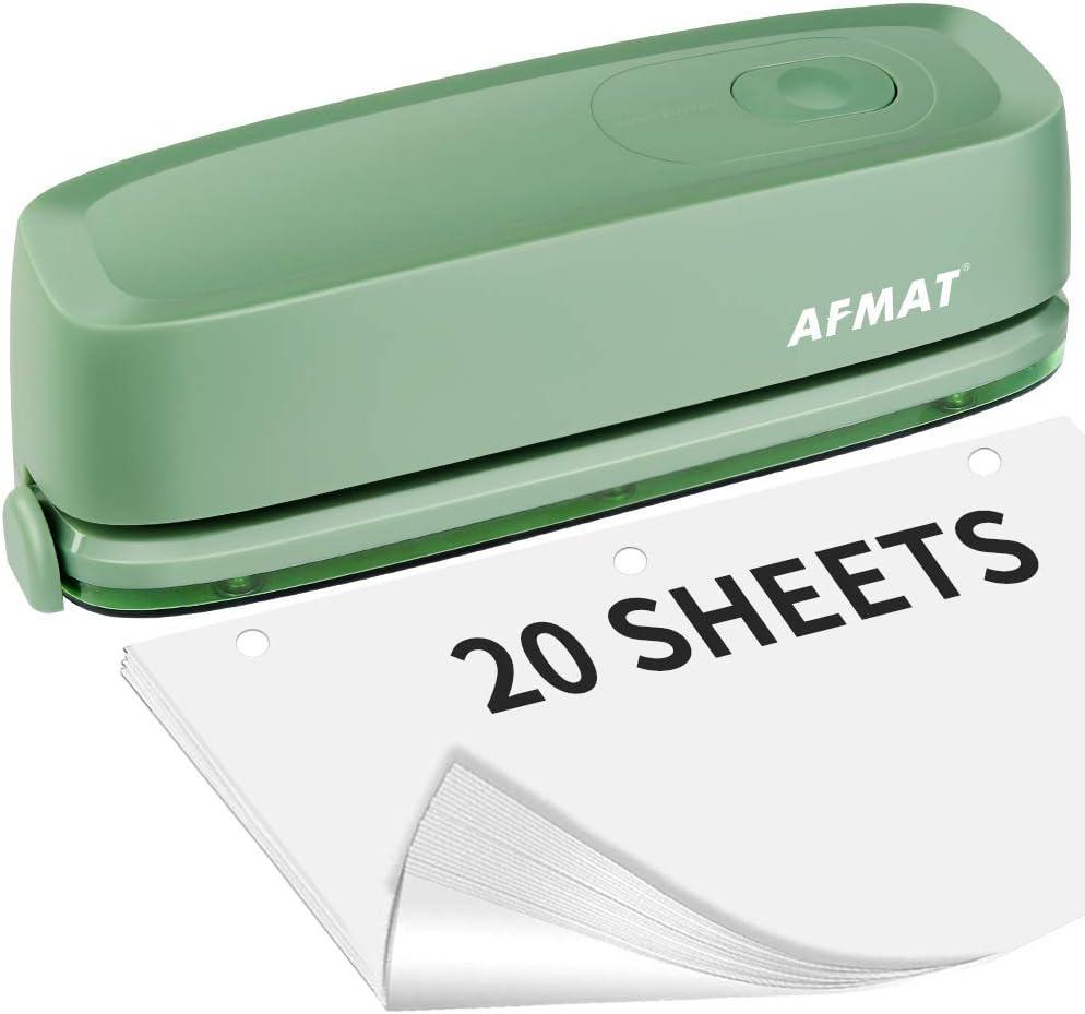 AFMAT HP10 Electric 3 Hole Punch, Three Hole Punch Heavy Duty, 20-Sheet Punch Capacity, AC or Battery Operated, Effortless Punching, Long Lasting Paper Punch for Office, School, Studio, Green