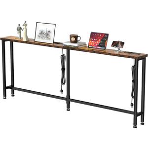 GRLEAF 90" Sofa Table with Built-in Power Strip (4 AC Outlets & 4 USB Ports) 4.9ft Power Cord, Metal Frame, Easy Assembly, Long Couch Table Behind Sofa, Living Room and Home Office | Rustic Brown