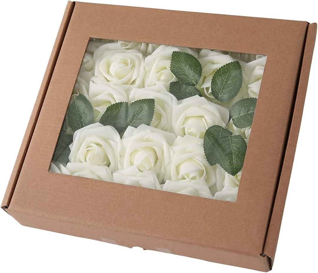Artificial Flower Rose 25pcs Real Looking Fake Roses for DIY Wedding Centerpieces Arrangements Party Baby Shower Home Decor (Color : Milky White, Size : 25pcs with Leaves)