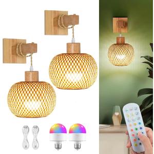 Wall Sconces Battery Operated Set of 2, Rechargeable Boho Wall Sconces with 8000mAh Bulbs, 3CCT+12RGB Dimmable Woven Bamboo Wall Light/Lamp Rattan Sconces for Bedroom Living Room
