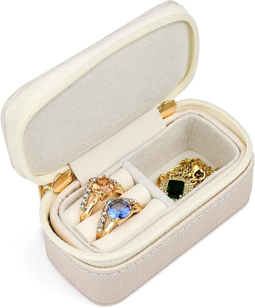 Mini Travel Jewelry Organizers Box for women with PU Leather Portable Small Jewelry Case with Compartments for Necklace Rings Earrings, Luxury Giftable Boxes (Pearl White, Mini)