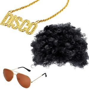 Hippie Disco Costume Set Afro Wig Sunglasses Necklace Punk Gold Chain Men Halloween 70s80s Cosplay Accessories(Black)